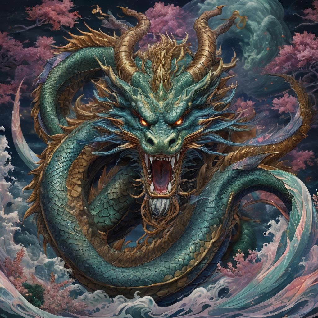 Holographic Dragon God: Astral Cosmic Illustration