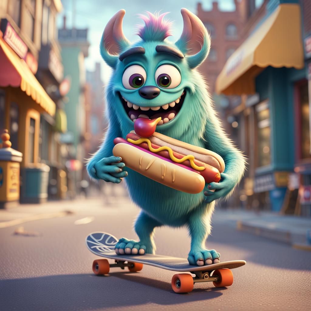 Furry Monster on Skateboard: Pixar-Style 3D Art