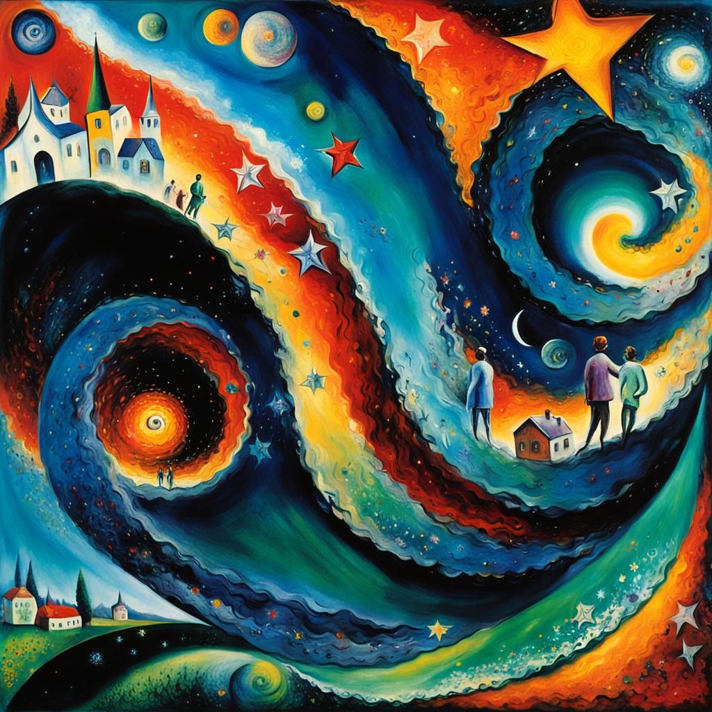 Dreamy Maelstrom of Stars in Naive Art Style