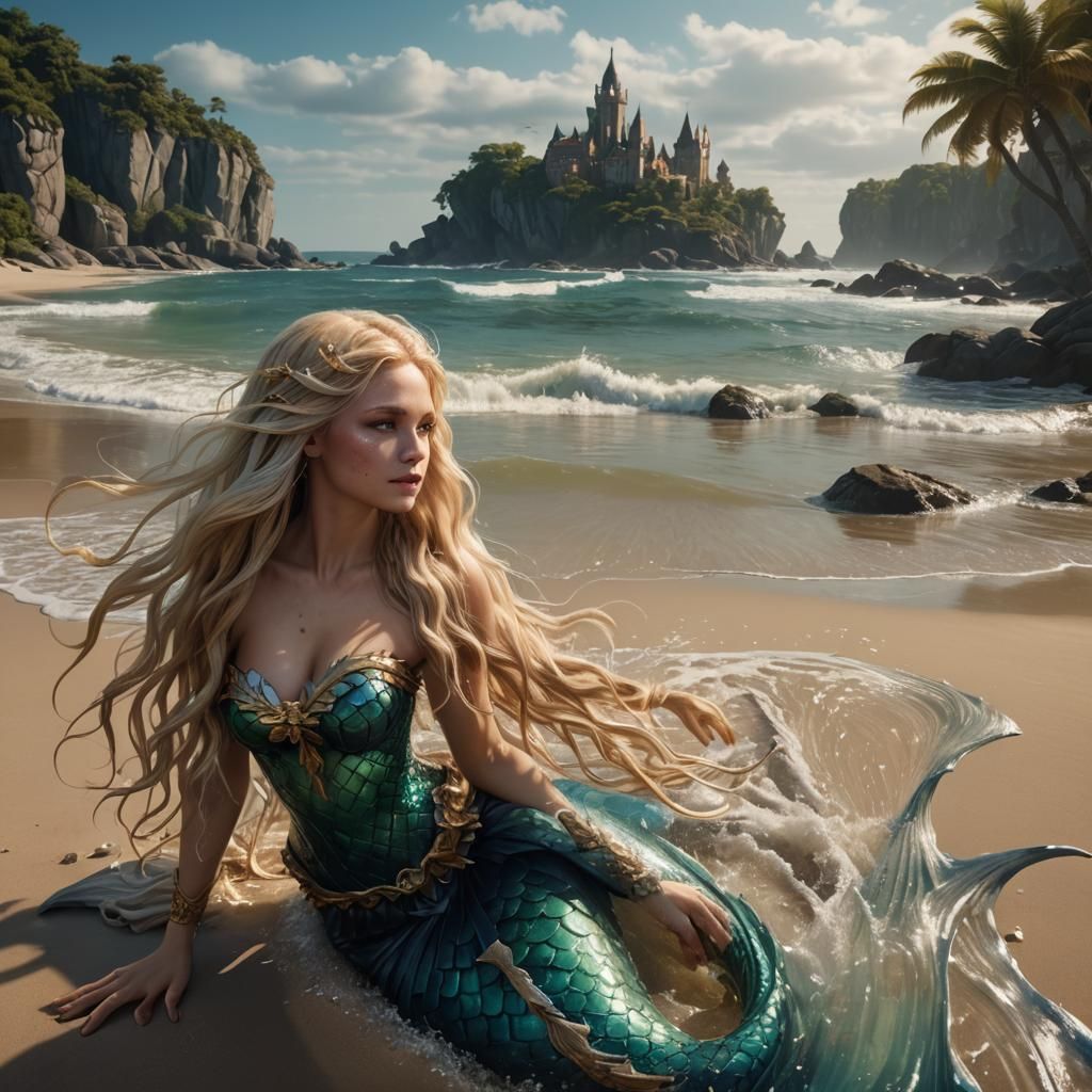 Blond Mermaid on Beach, Detailed Fantasy Art