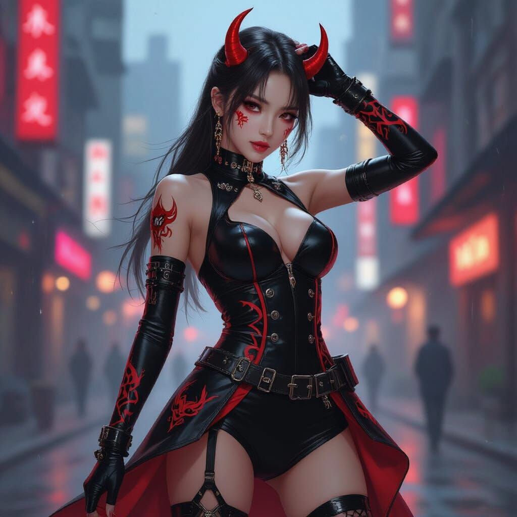 K-Pop Idol Demon Hunter in Cyberpunk Cityscape