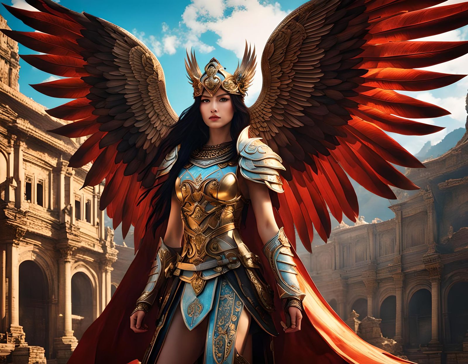 Winged Warrior in Ancient City, Detailed 3D Art