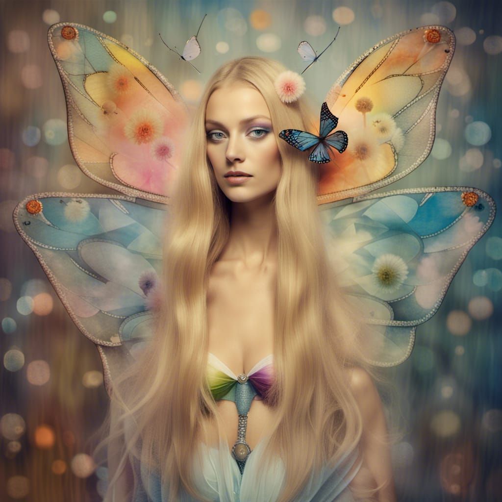 Fairy Supermodel with Butterfly Wings in Surreal Dreamscape