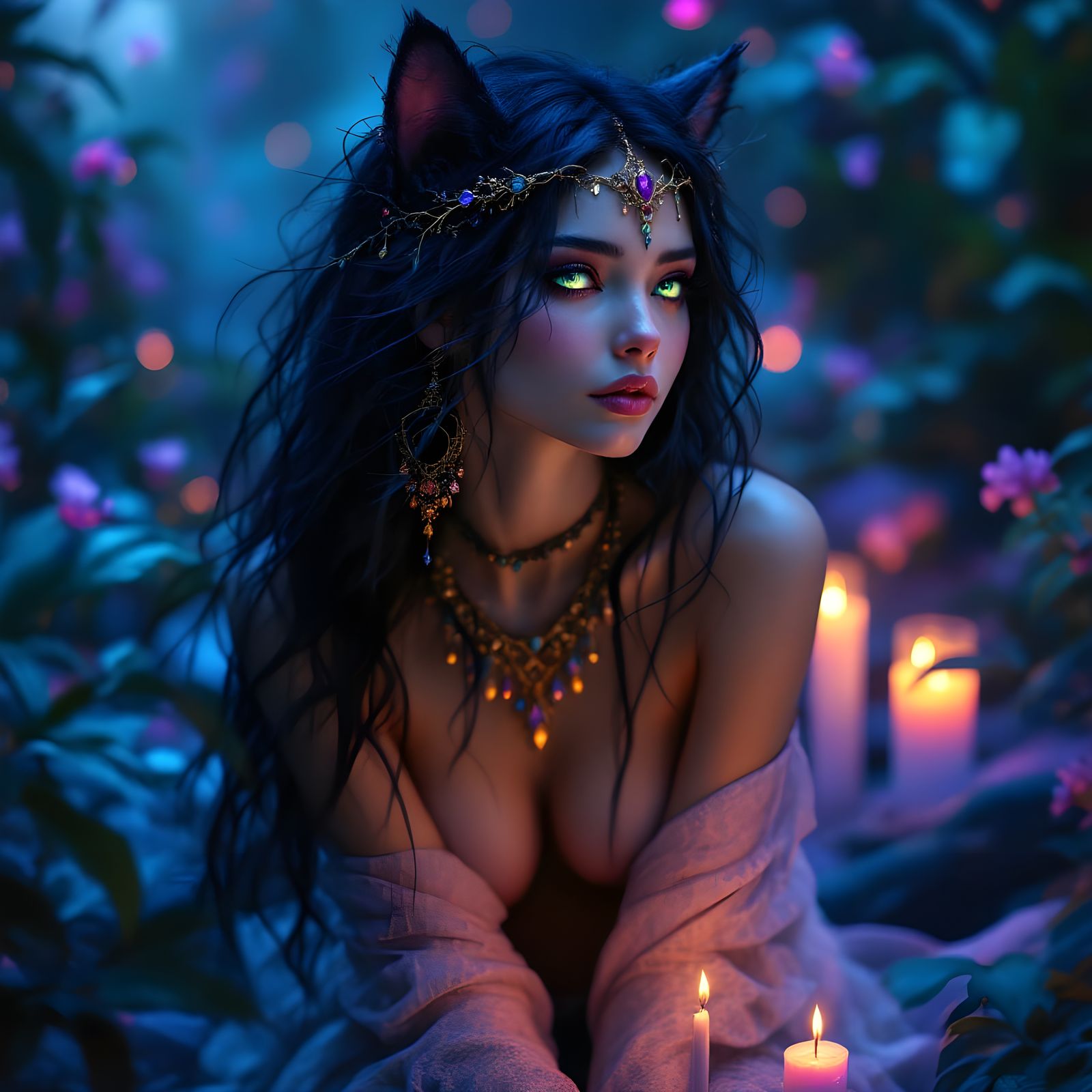 Mystical Feline Woman in Candlelight, Digital Art
