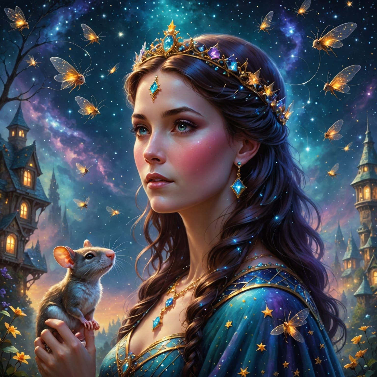 Ethereal Fantasy Gemstone Queen with Pet Rat in Starry Skies