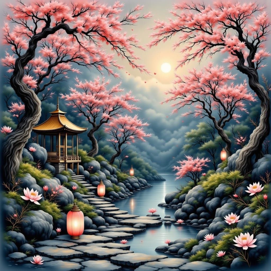 Serene Japanese Garden at Twilight with Falling Blossoms