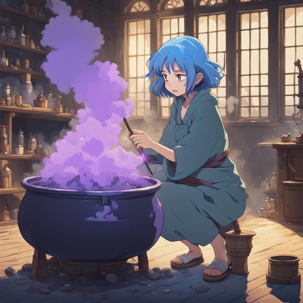 Blue-Haired Witch Brewing Potion, Ghibli Style