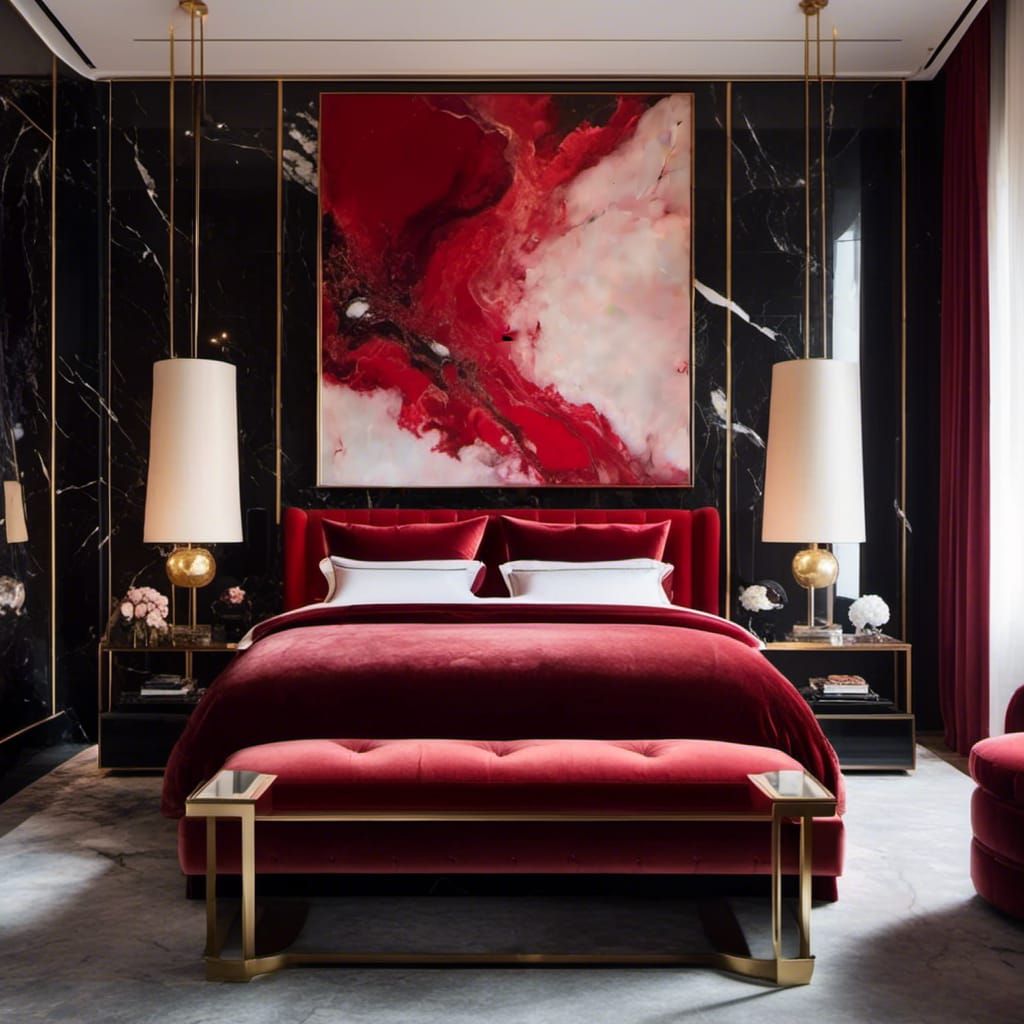 Luxury Red Bedroom with Rothko-esque Paintings