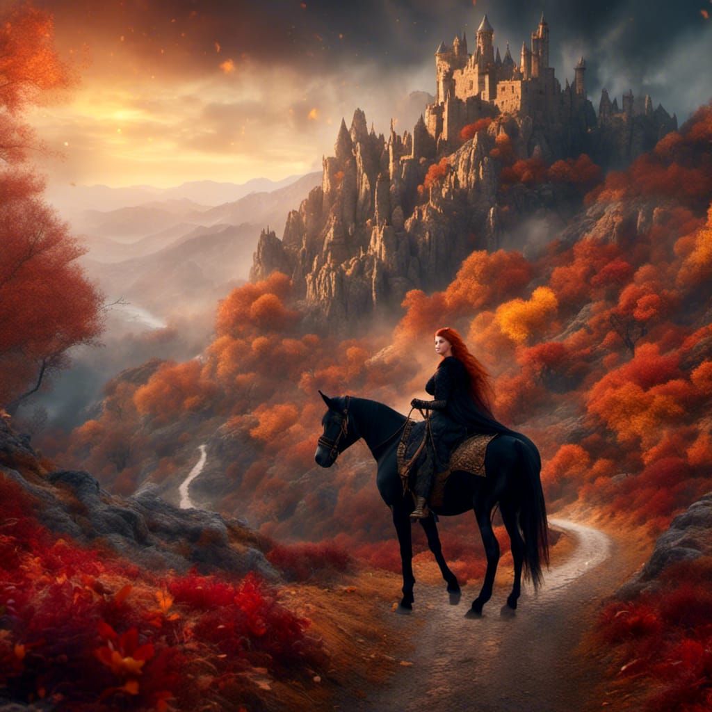 Red-Haired Woman Rides Horse in Misty Autumn Landscape