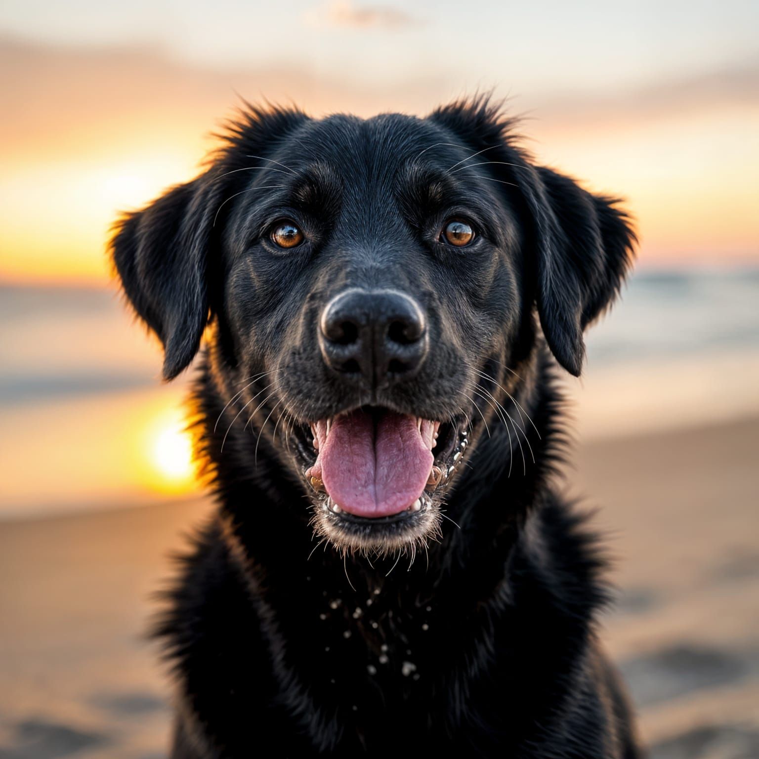 Happy Black Labrador at Sunset Beach
