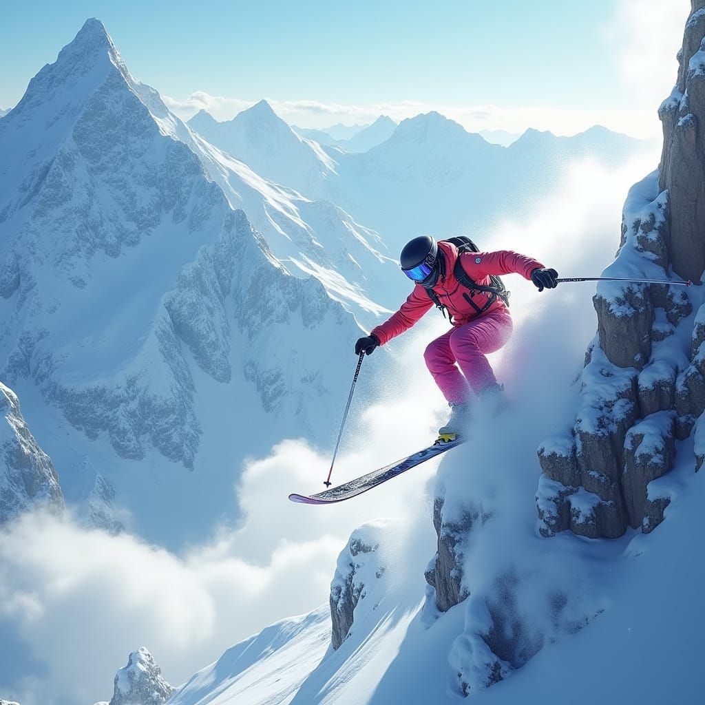 Fearless Skier in High-Tech Gear Soars Down Majestic Mountai...