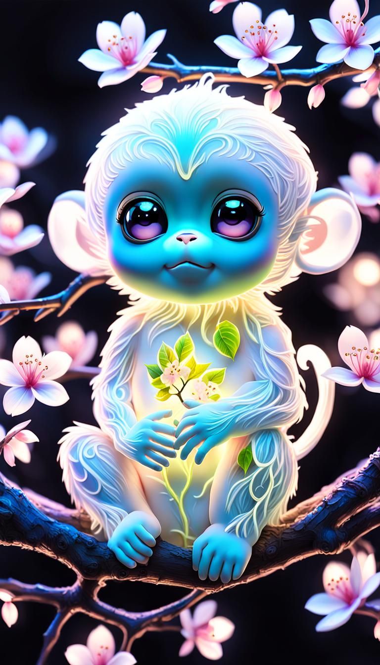 cuteness overload , neon glowing, fairy lights X-ray, contoured, surrealism, close up Chibi neon baby white monkey end...