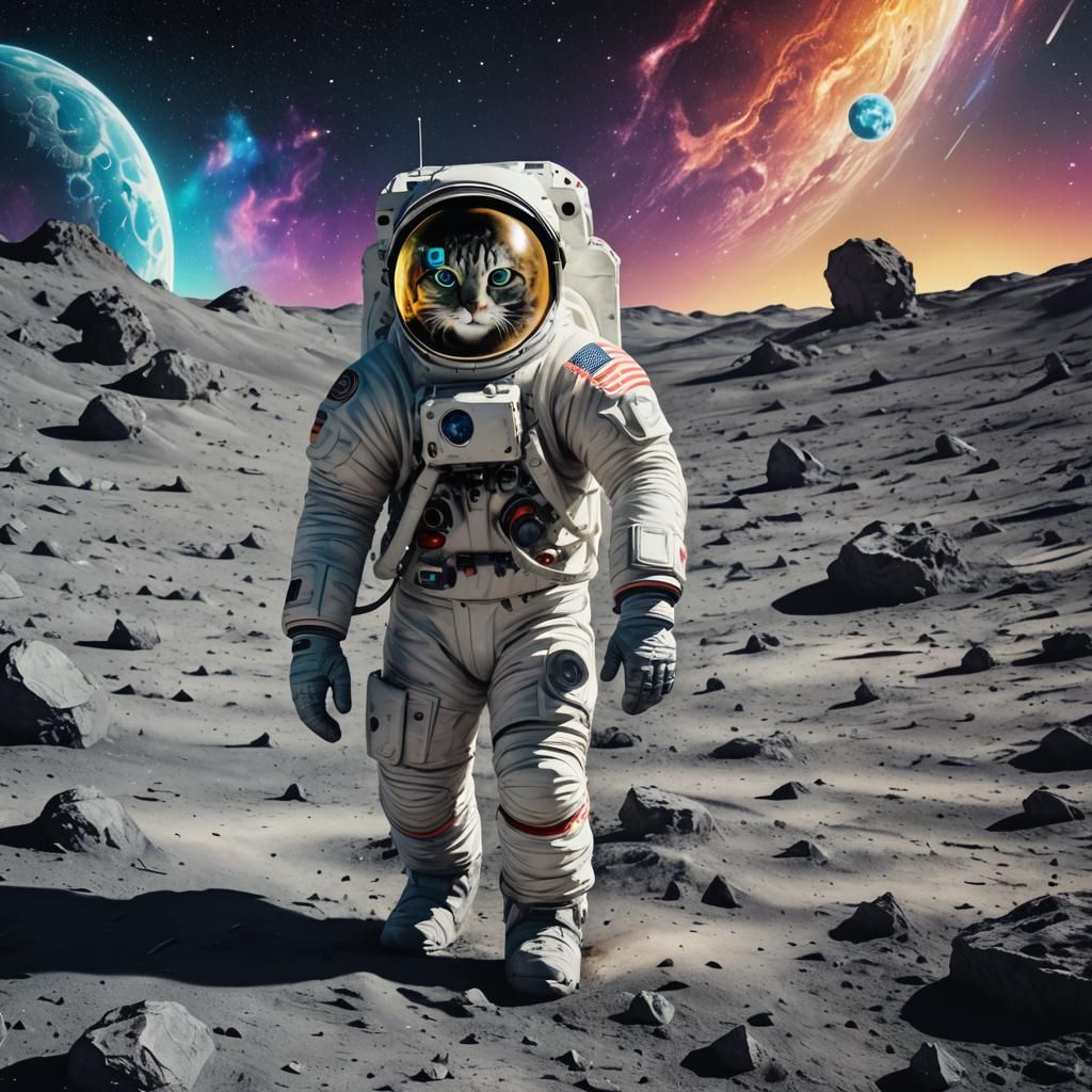Astronaut and Giant Space Cat on the Moon