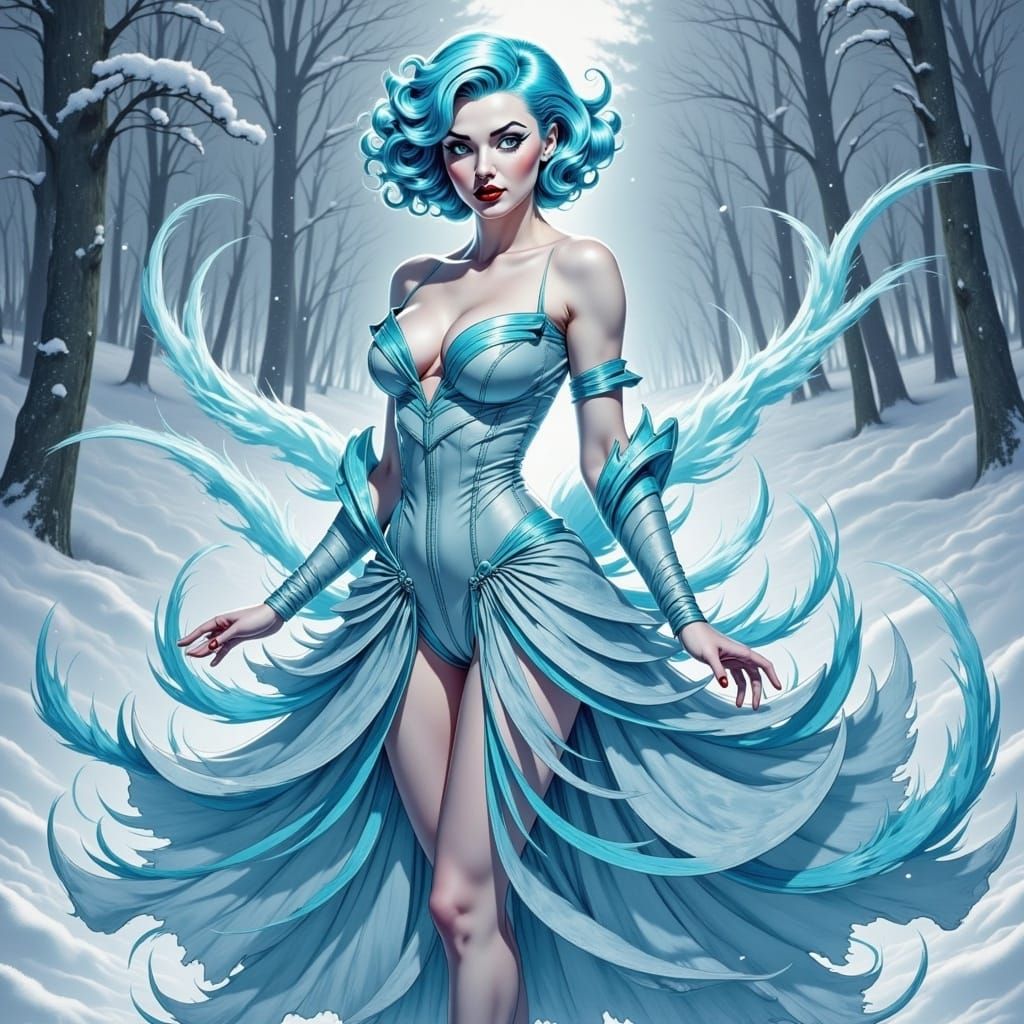 Icy Woman Summons Snowstorm in Frozen Landscape