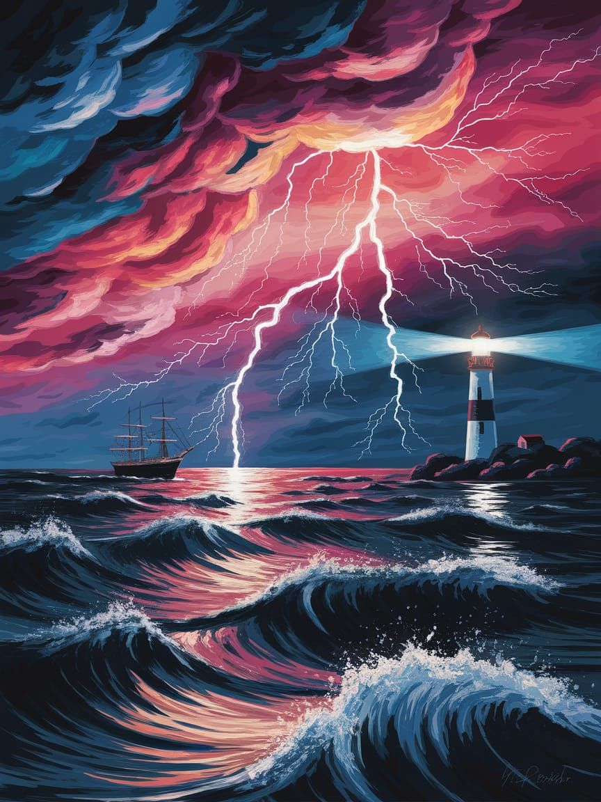 Dramatic Ship in Stormy Sea Near Lighthouse, Vibrant Sky