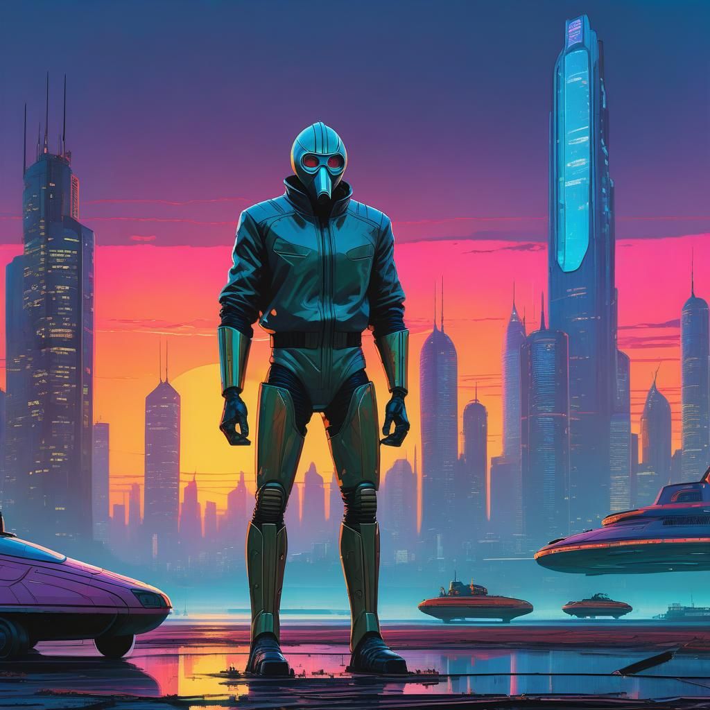 Heroic Figure in Futuristic Cityscape, Comic-Book Style
