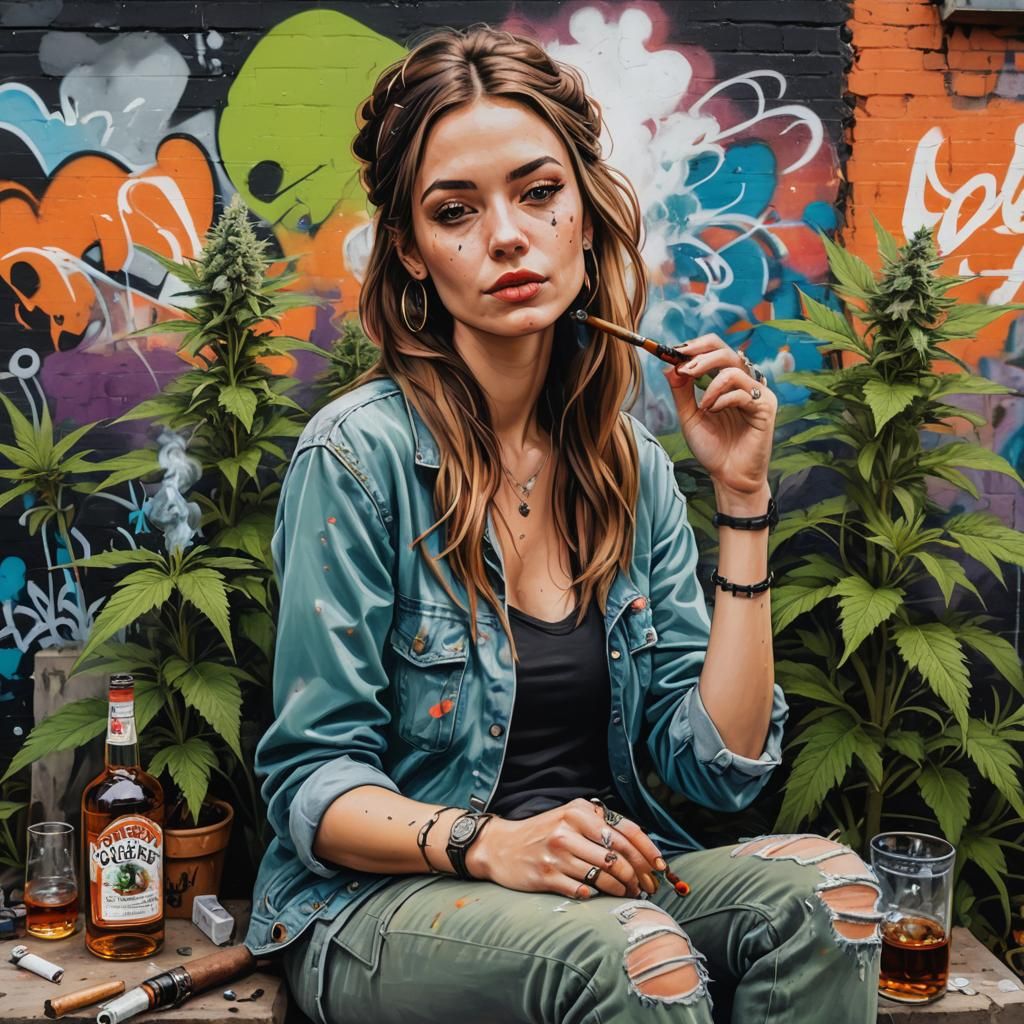 Relaxed Woman with Whiskey and Pipe in Graffiti Art Style