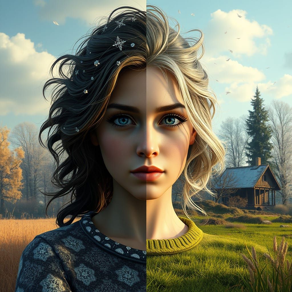 Fantastical Portrait of Earthy Summer vs. Winter in a Single...