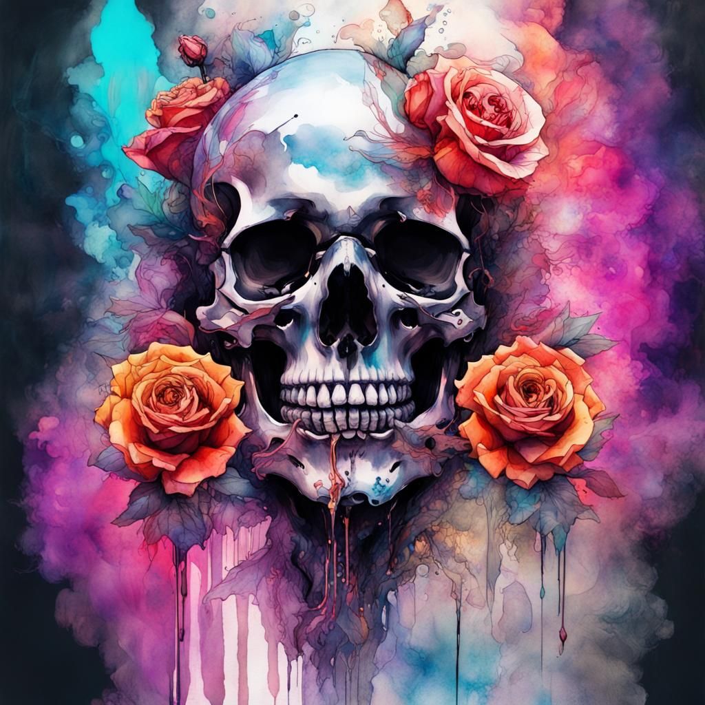 Vaporwave Skull with Roses in Fluorescent Art