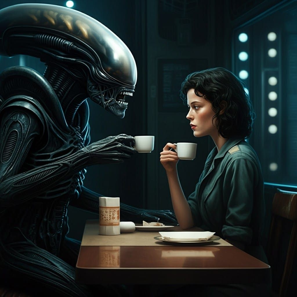 Alien and Ripley Coffee Break: Giger-esque Film Still