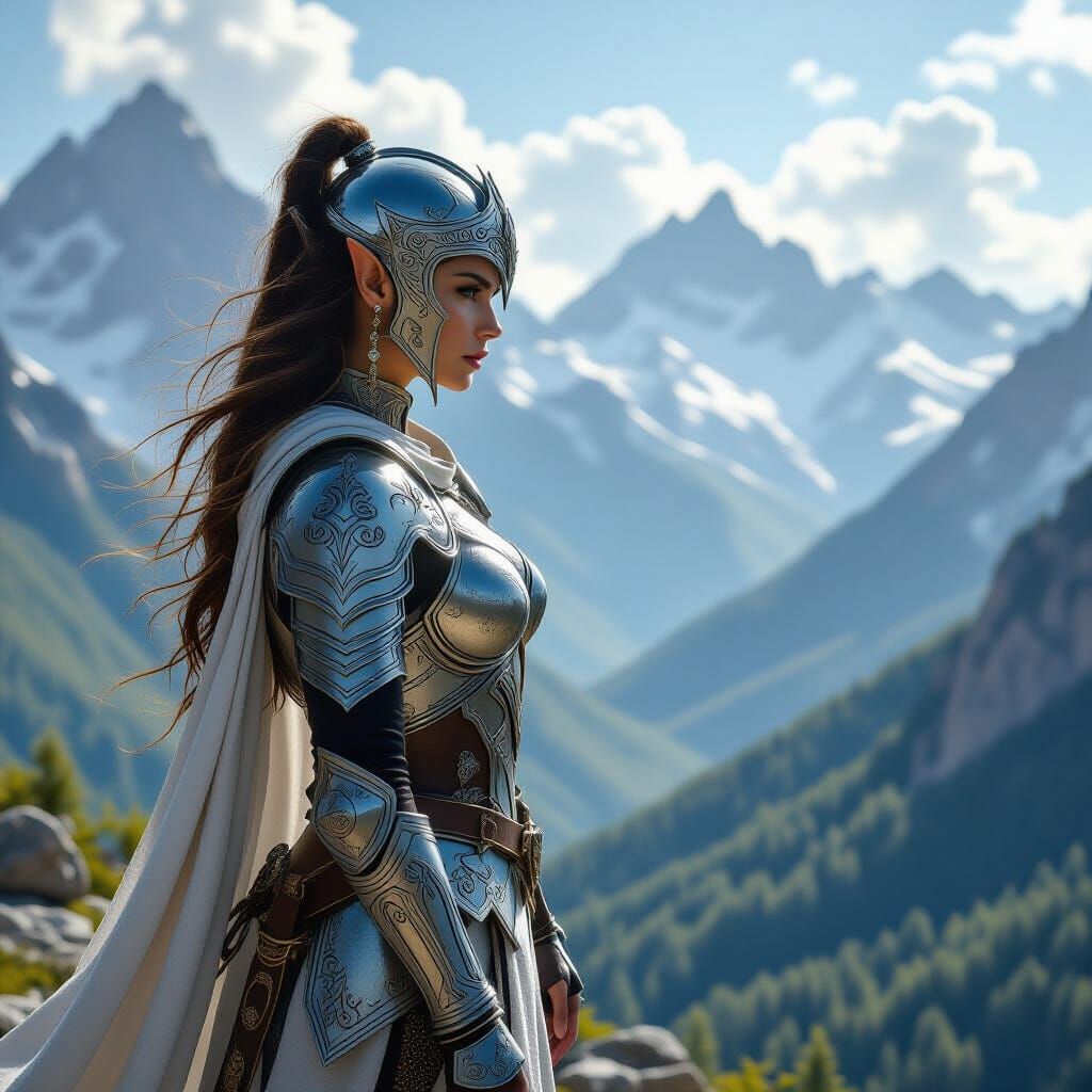 Stoic Elven Warrior on Mountain Peak Overlooking Enchanted F...