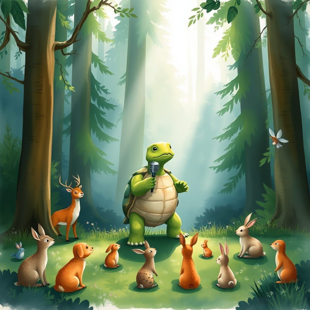 Turtle Singer in Forest: Watercolor Illustration