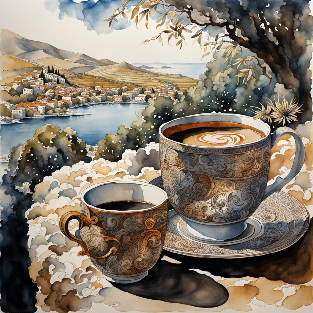 Coffee in Crete: Realistic Watercolor Art