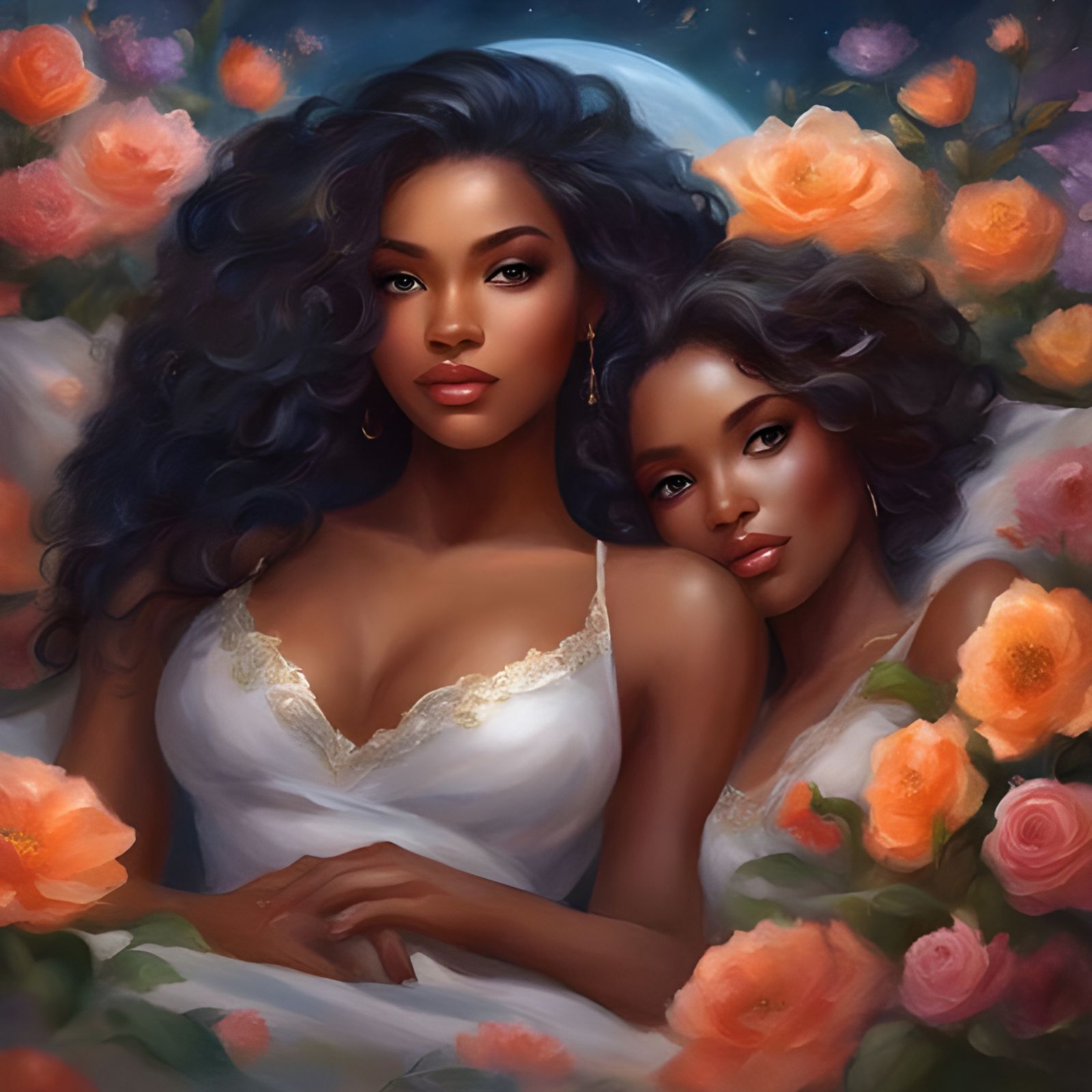 Two Beautiful Women in Love Surrounded by Flowers