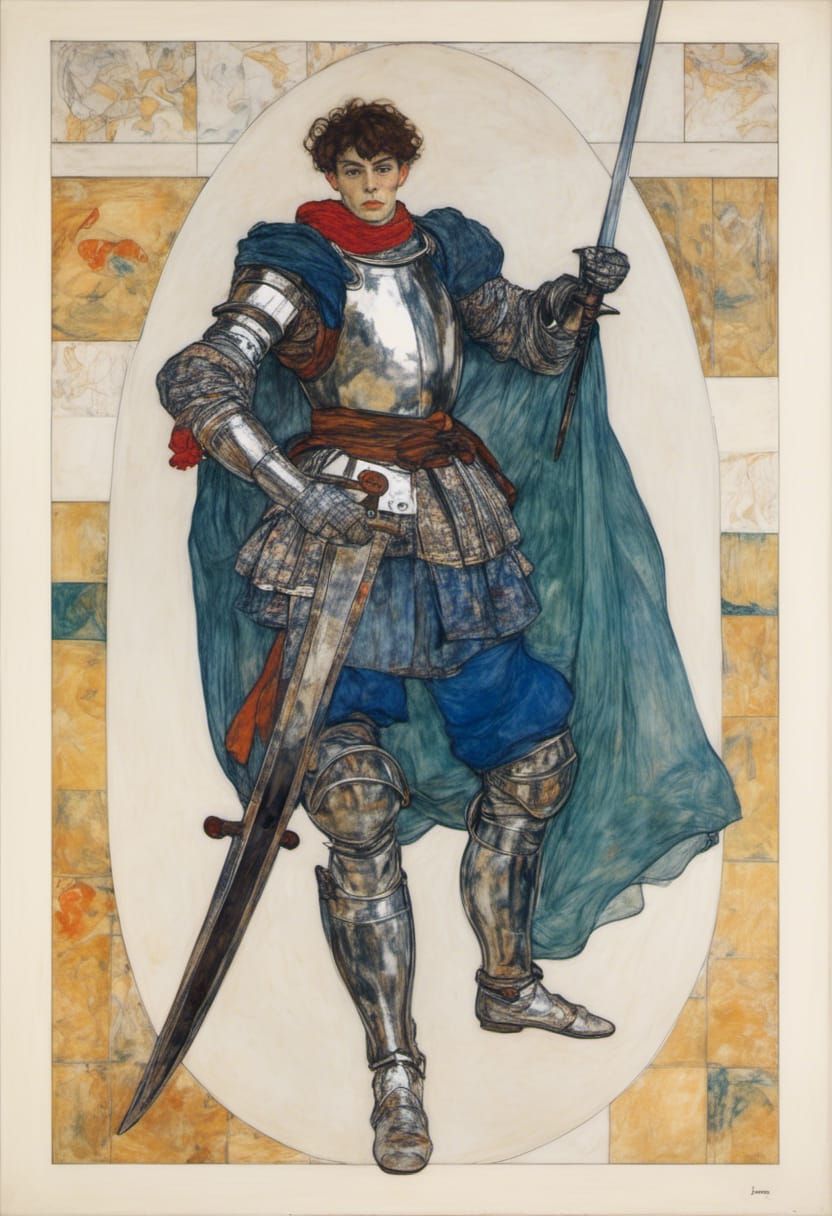 A Handsome Knight with a sword, by egon schiele, Alphonse Mu...
