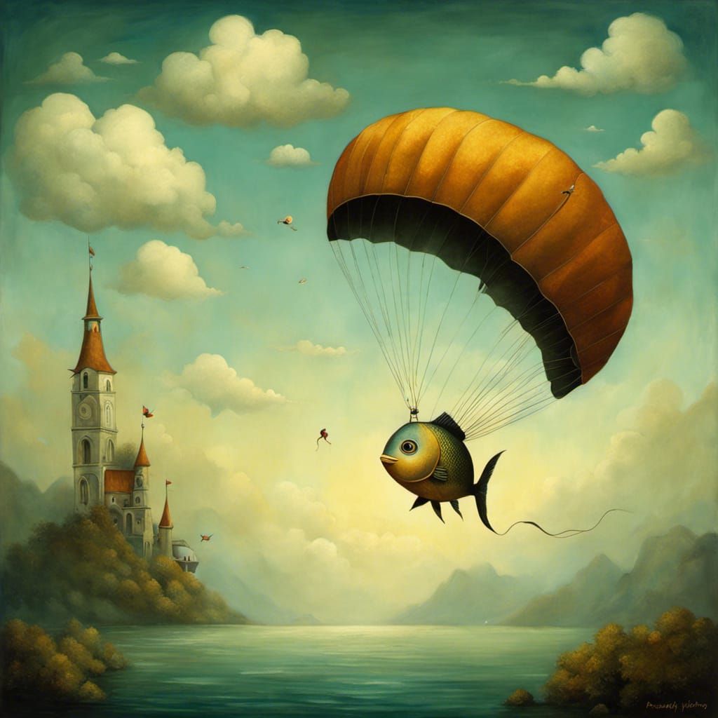 Fish Parachuting in Surreal Illustrative Style