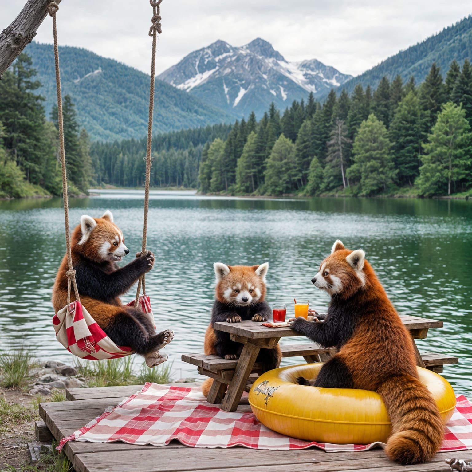Red Pandas Enjoying a Lakeside Picnic Adventure
