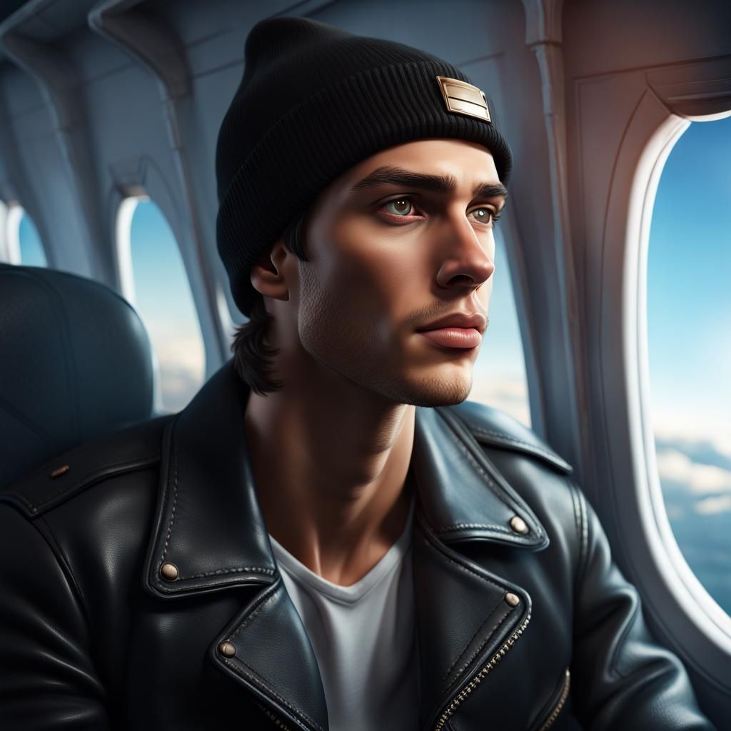 Young Man Stares Out Airplane Window: Matte Painting