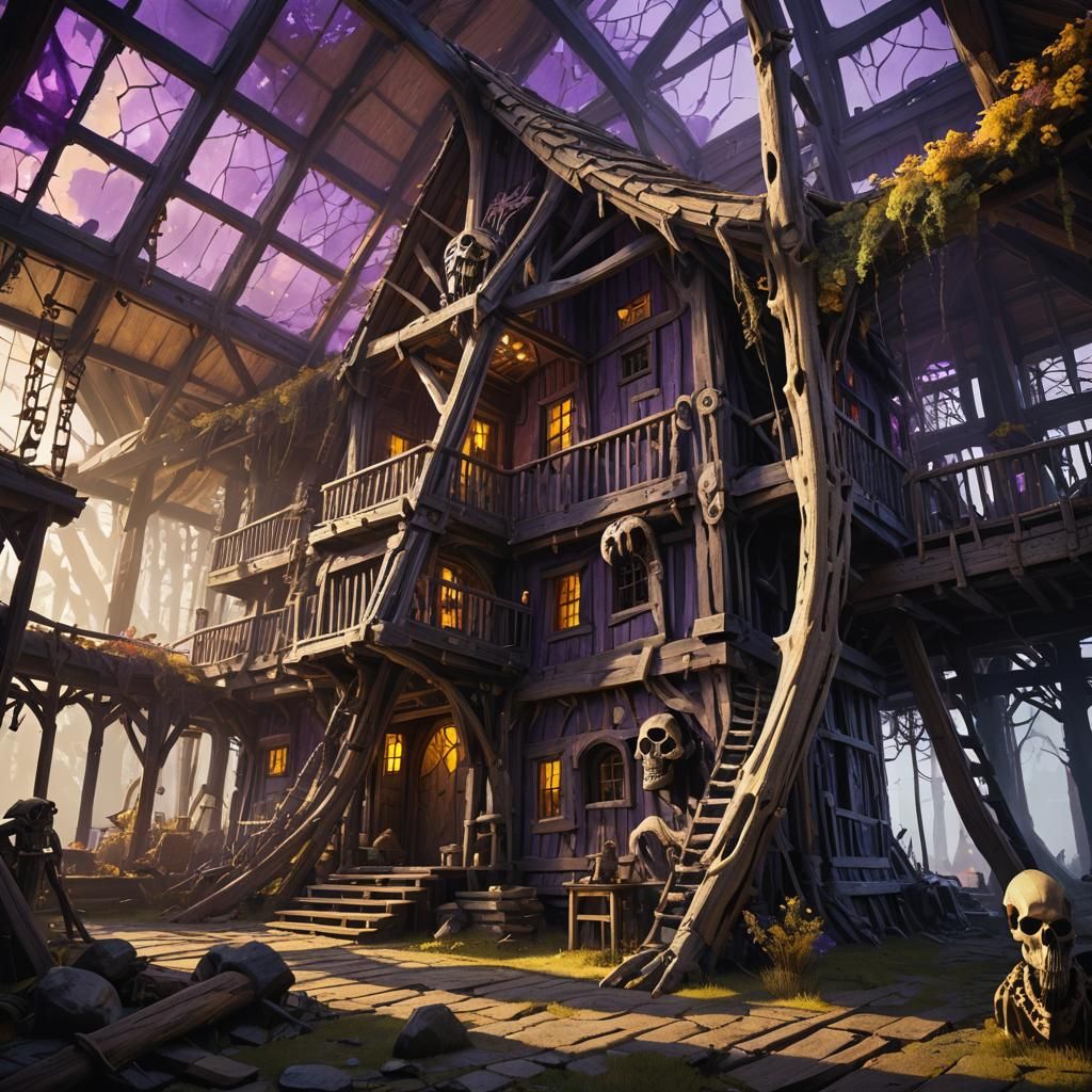 Dark Fantasy T-Rex Long House Scene in Hyperdetailed Cyberpu...