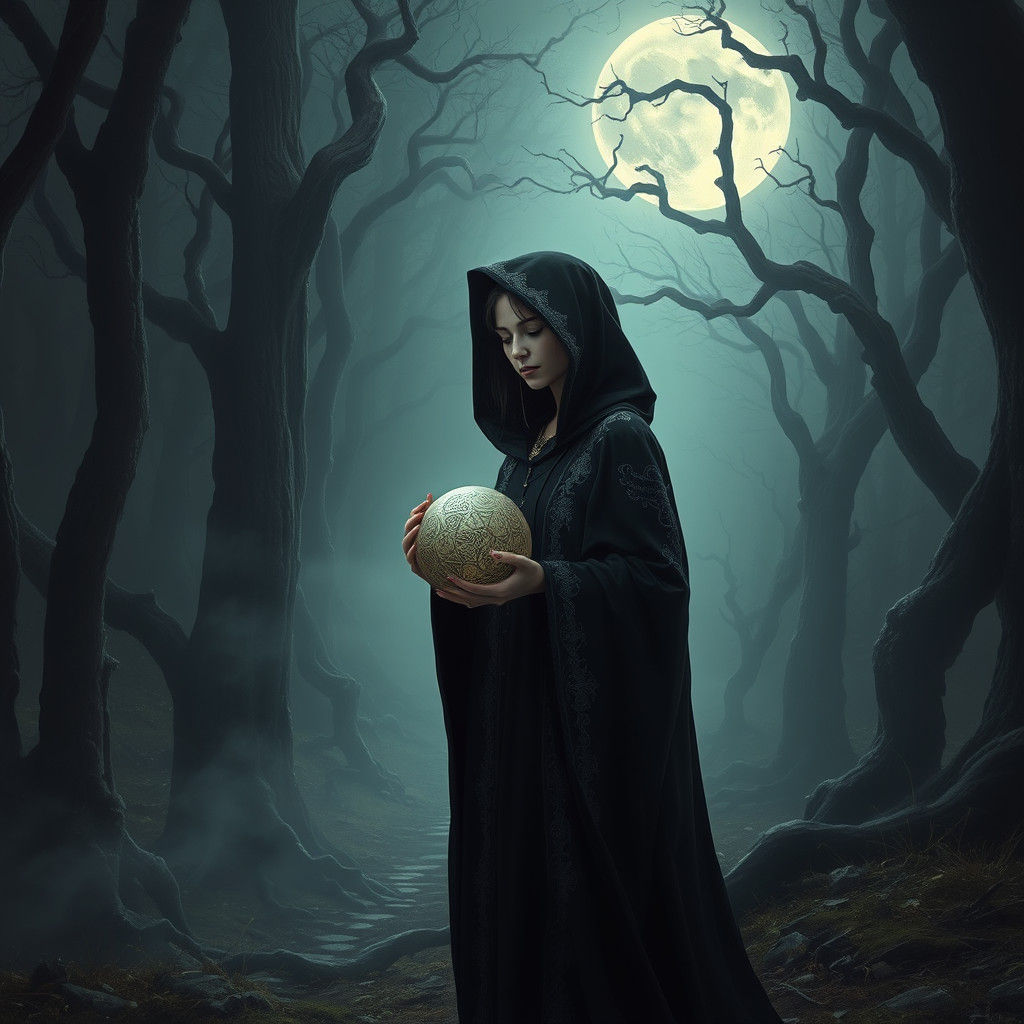 Mystical Witch at Forest Edge Under Moonlight