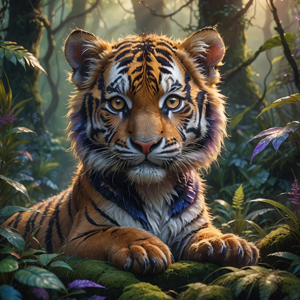 Baby Tiger Portrait in Vibrant Fantasy Jungle Art