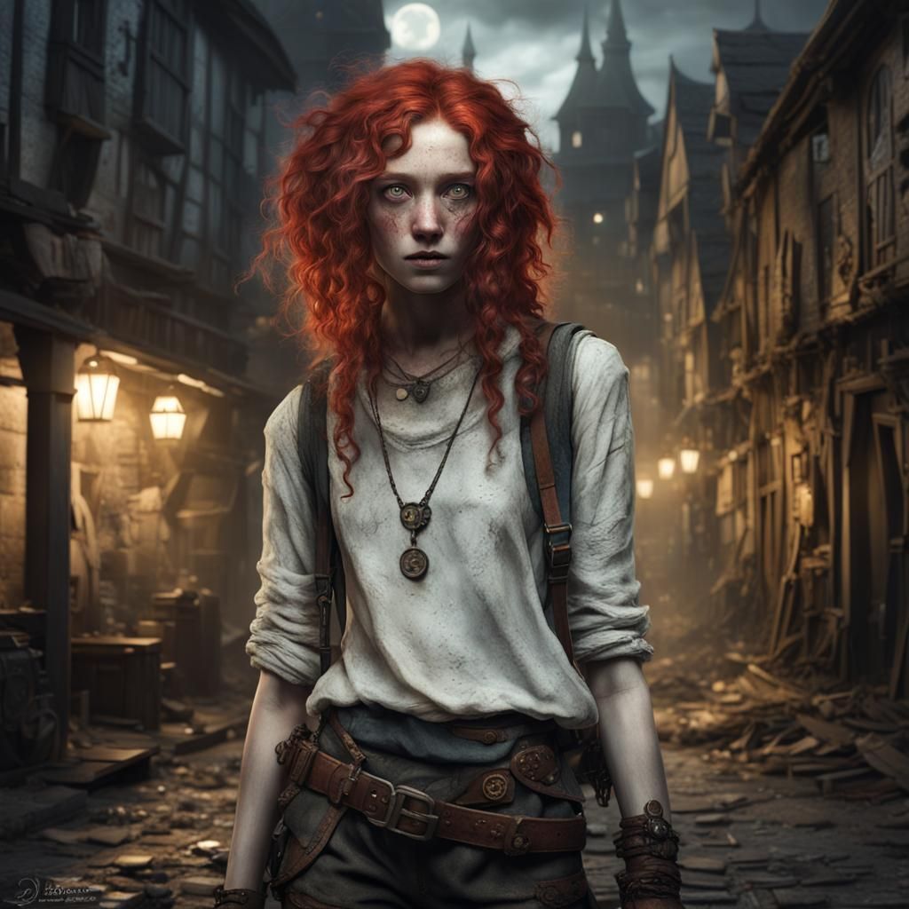 Medieval Steampunk Waif in Noir Cityscape