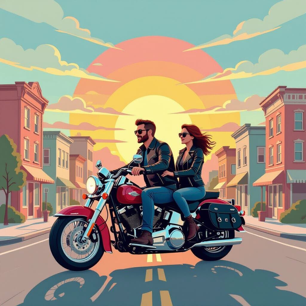 Motorcycle Couple on Cardboard Road in Playful Style