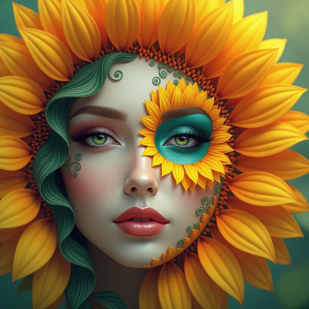 Surreal Sunflower Face Art in Dreamlike Style