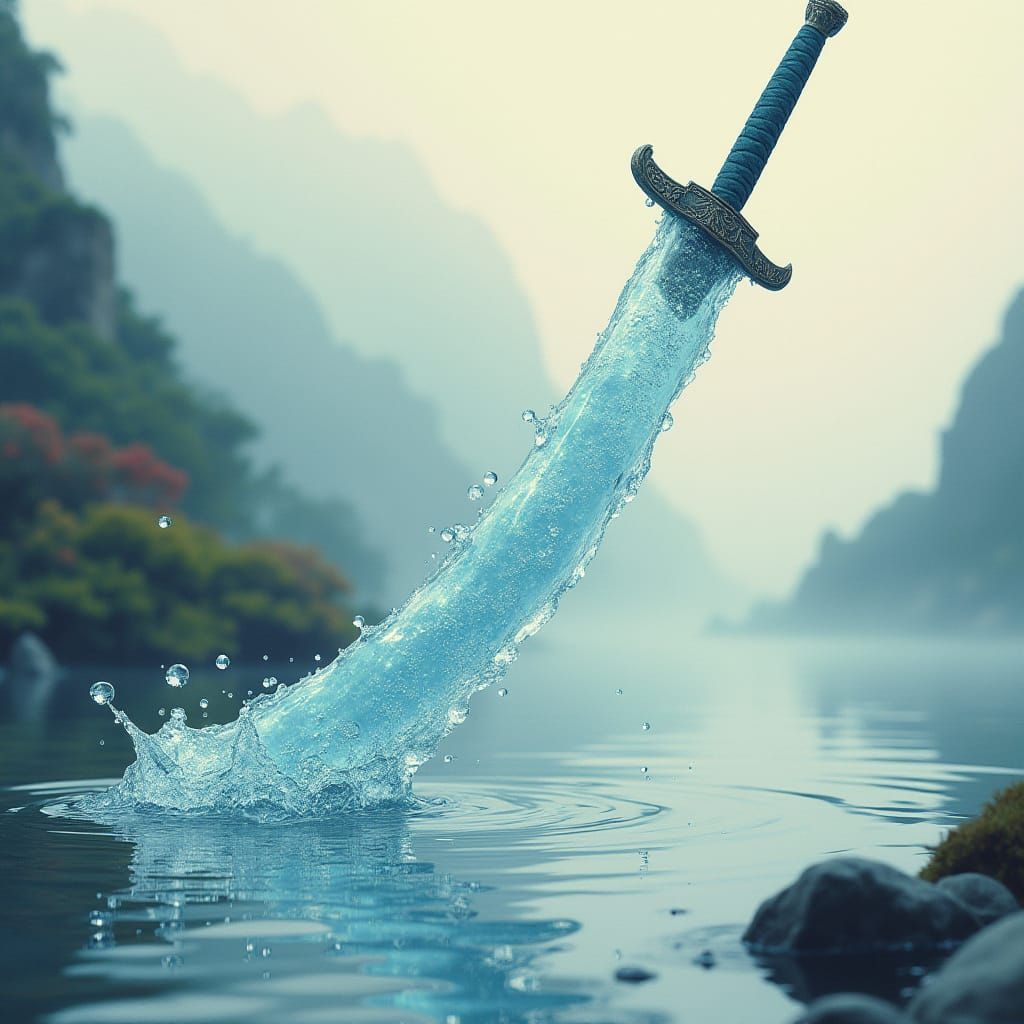 Majestic Water Sword in Soft Misty Landscape