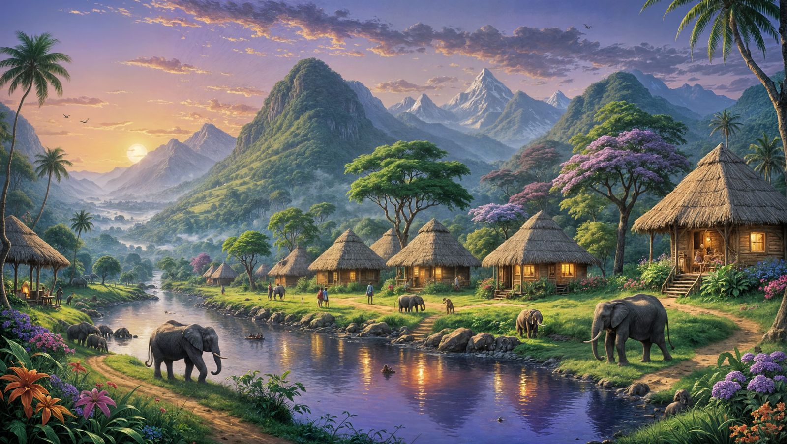 African Village Sunset: Impressionistic Jungle Scene