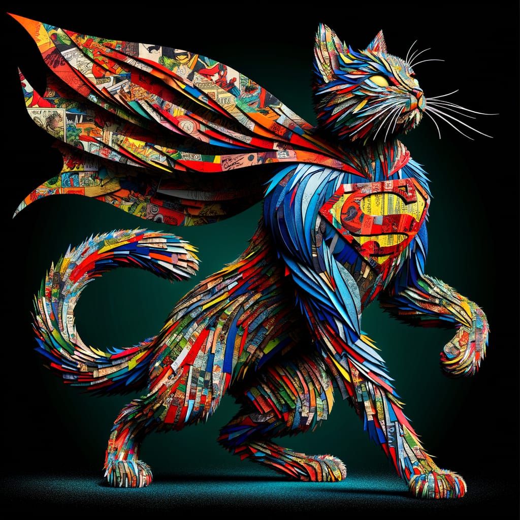 Comic Book Cat Superhero in Mosaic Style