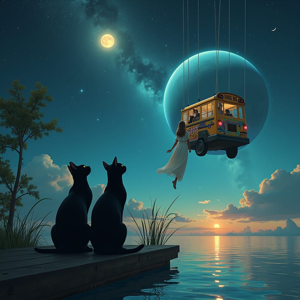 a sureal image of two black cats on a raft in the ocean. moo...