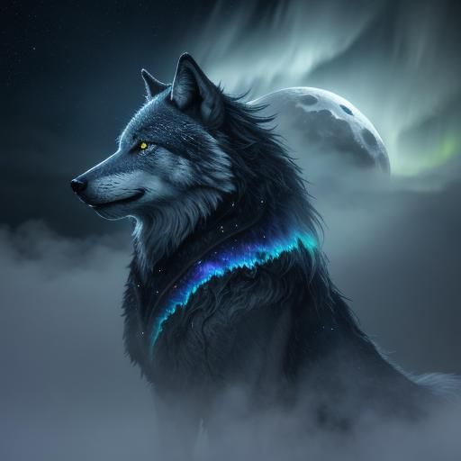 Ein Wolf auf einem Berg, der den Mond anheult intricately de...