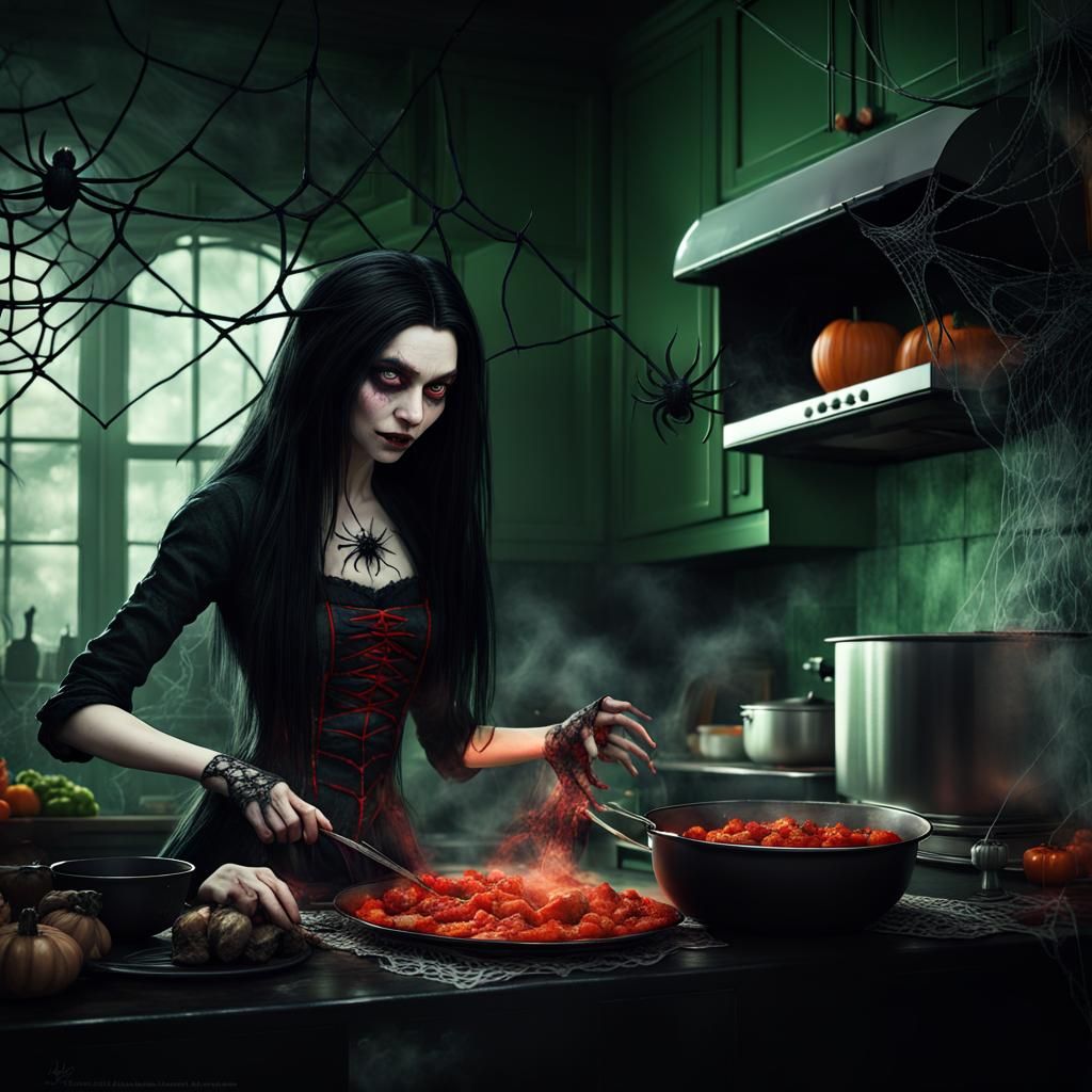 Gothic Vampire Cooks Stew in Spooky Kitchen
