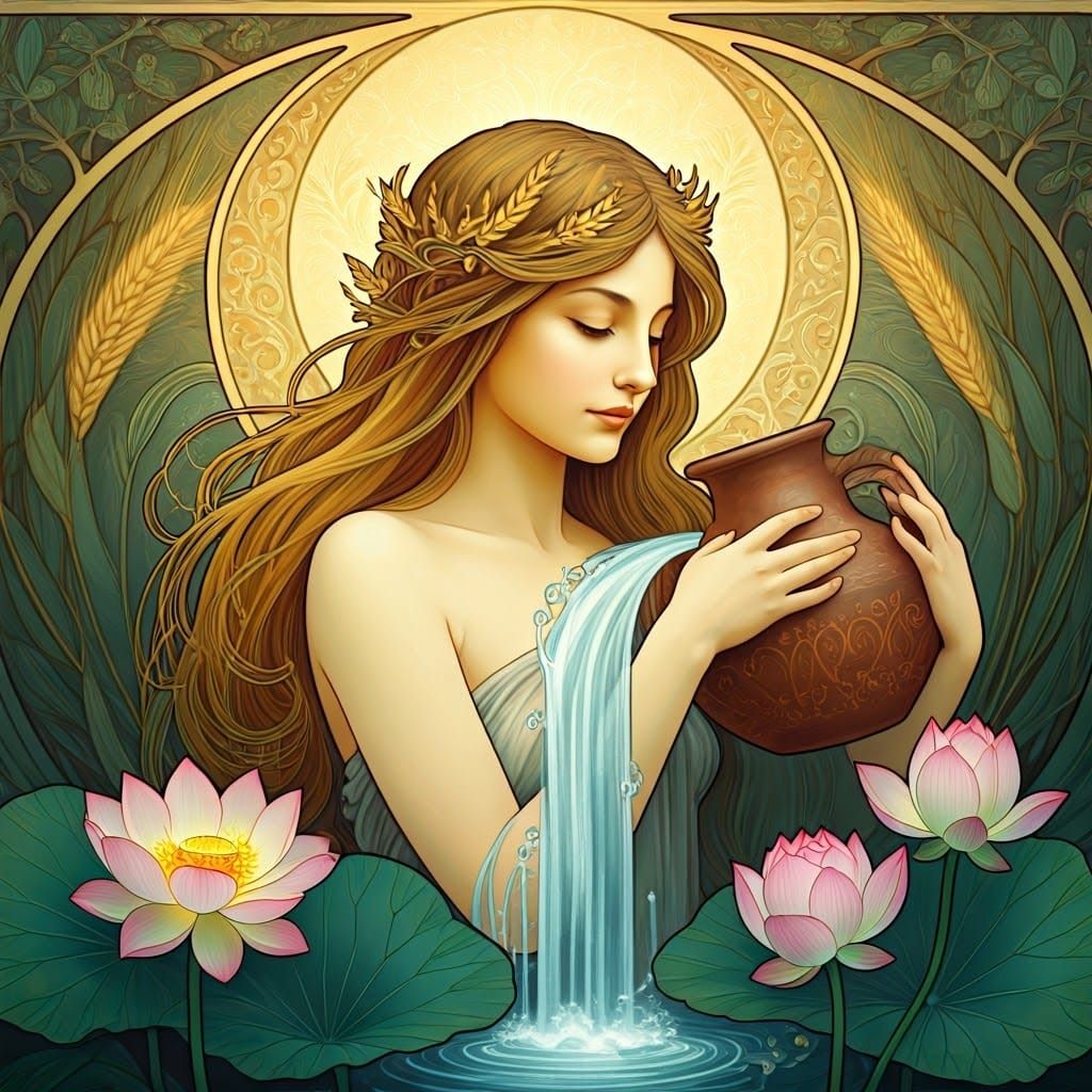 Serene Woman Embodies Nature in Art Nouveau Style