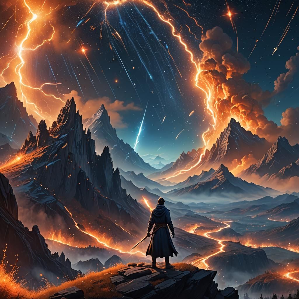 Mystical Mage Creates Celestial Storm in Fantasy Landscape