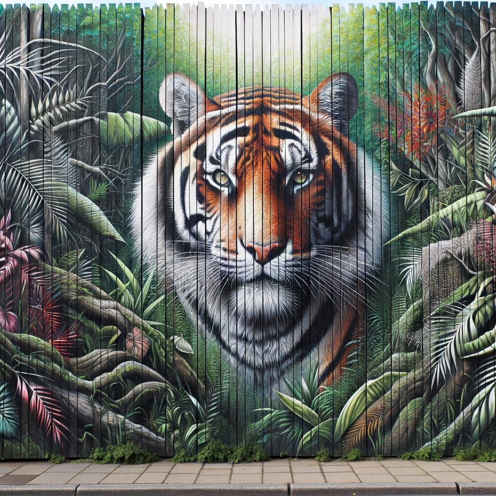 Vibrant Jungle Scene Unfolds on a Meticulously Painted Woode...