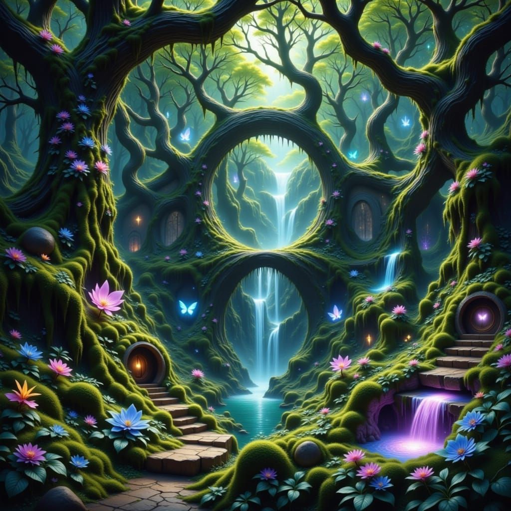 Mystical Elven City Forest Ruins with Luminescent Flora