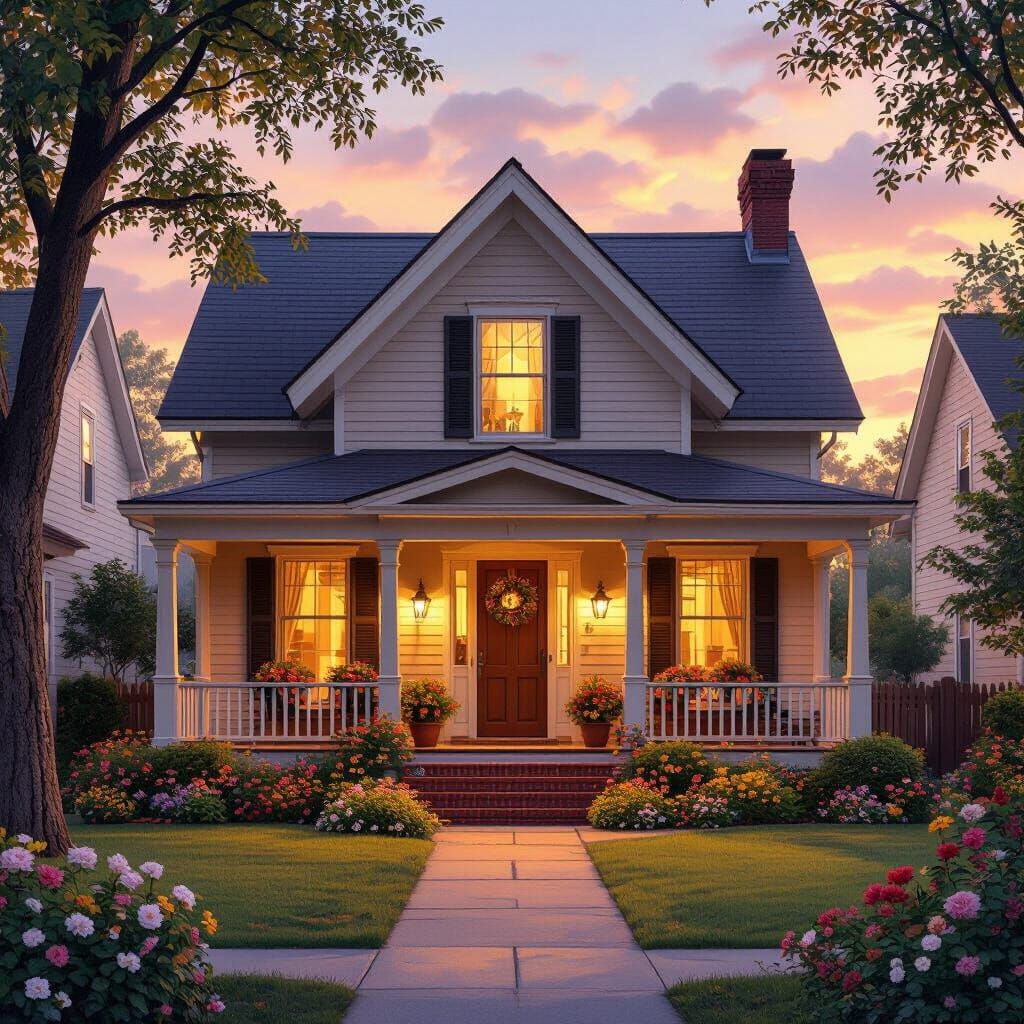 Cozy Suburban House at Sunset, Evoking Family Warmth