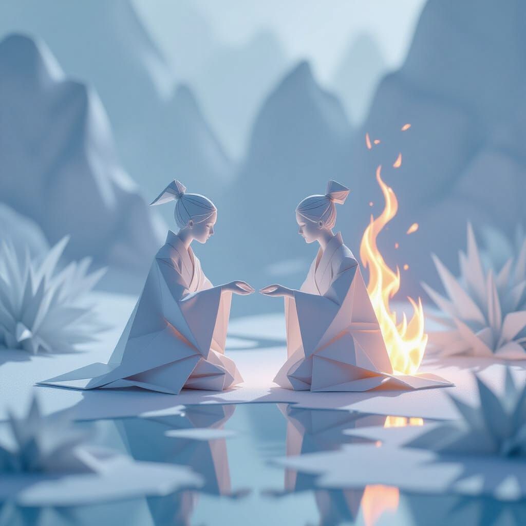 Ethereal Origami Figurines in Dreamy Landscape